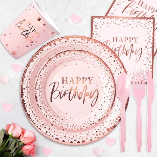Pink Rose Gold Happy Birthday Party Plates, 168PCS Birthday Party Supplies - Image 5