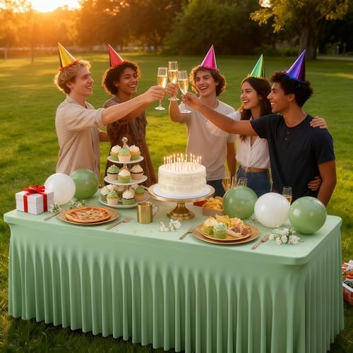 Wish Care 2 Pack Sage Green Spandex Table Clothes for 8 Foot Rectangle Tables, 8FT Wrinkle Free Fitted Tablecloths Ruffles Design Table Cloth for Party, Banquet, Wedding and Events - Image 2