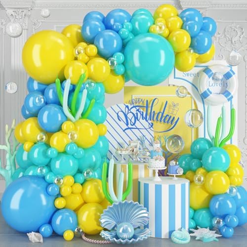 Blue Yellow Balloons Arch Garland Kit, 114Pcs Cartoon Style Light Blue Lemon Yellow Teal Green Latex Balloon Set with Long Balloon for Sea Theme Kids Birthdays Baby Shower Party Decorations by TAOYE