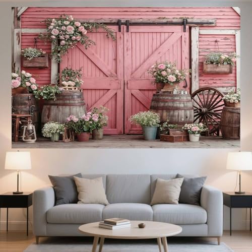 9x6ft Country Wedding Photography Backdrop Rustic Barn Door Photography Backdrop Farmhouse Pink Flower Cabin Wooden Birthday Baby Shower Wedding Bridal Party Banner Photo Booth Props Background - Image 5
