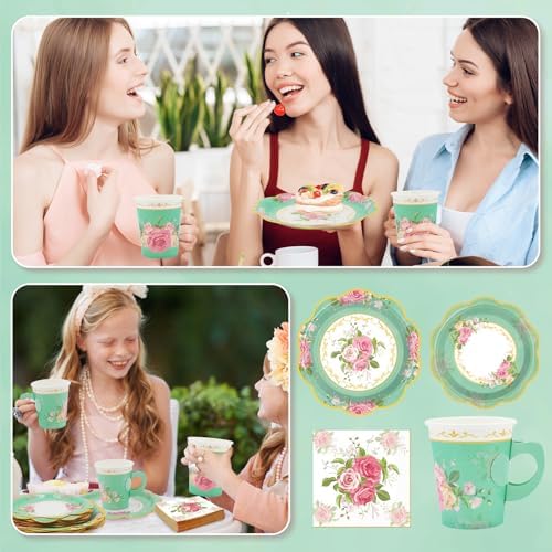 200Pcs Floral Tea Cups and Saucers for Tea Party Supplies, Disposable Tea Cups with Handle and Paper Napkins Dinnerware for Floral Theme Birthday Wedding Bridal Shower Baby Shower(Green) - Image 6
