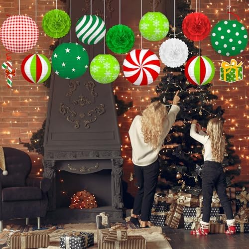 15PCS Christmas Decorations Ornaments Set – 9 Red White Green Paper Lanterns, 4 Pom Poms, 2 Hanging Swirls for Indoor, Home, Xmas Party, Porch Decor - Image 3
