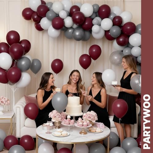 PartyWoo Burgundy White and Gray Balloons 66pcs 12 Inch Burgundy Balloons - Image 4