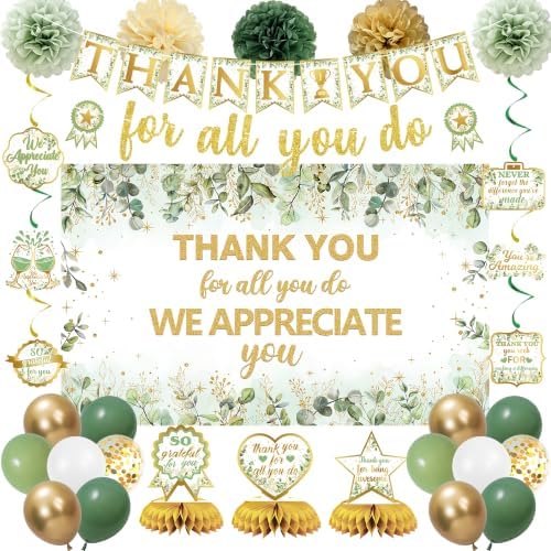 Vlipoeasn We Appreciate You Decorations, Green Gold Thank You for All You Do Party Set with Backdrop Banner Honeycomb Centerpieces Hanging Swirls, Appreciation Decor by Vlipoeasn
