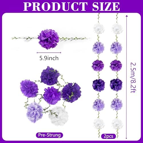 Ombre Purple White Party Decorations Lavender White Tissue Paper Flowers Pom Pom with Leaf Ribbon Hanging Garland Streamer for Birthday Bachelorette Wedding Lilac Violet Party Supplies - Image 2