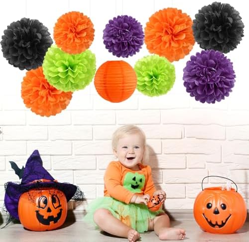 Black-Orange Purple Green Halloween Party-Decorations - 15PCS Paper Flowers Lanterns Tissue Pom Poms Streamers,Vintage Birthday Baby Shower Bachelorette Wedding Bathroom Hanging Supplies Decor Hugfond - Image 5