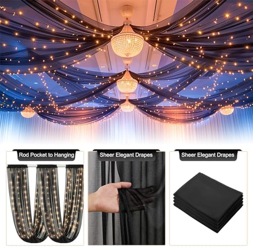 Black Ceiling Drapes with Lights String for Weddings, 6 Panels 5ftx30ft Sheer Tulle Backdrop Photo Background Drapes for Wedding Ceremony Birthday Party Arch Decoration - Image 5