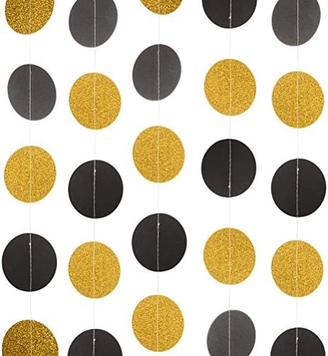 WEVEN Black and Glitter Gold Paper Garland, Circle Dots Banner Bunting Streamer Hanging Party Decorations, 2.5" in Diameter, 20 Feet in Total by WEVEN