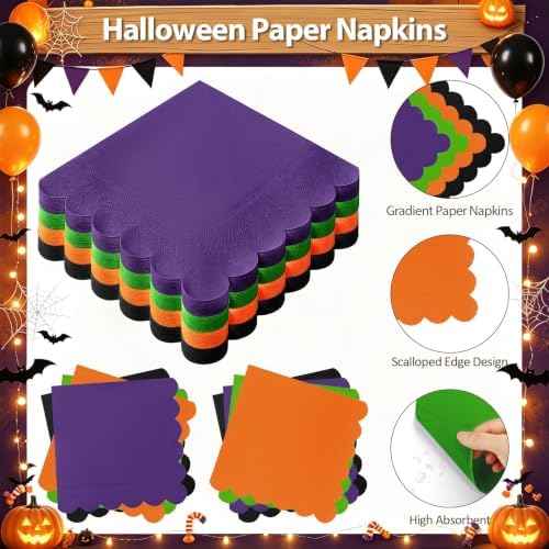 192Pcs Purple Orange Balck Plates and Napkins Party Supplies, Disposable 9’’ Scalloped Halloween Paper Plates Cups Napkins Forks Party Decorations for Birthday, Serves 48 - Image 4