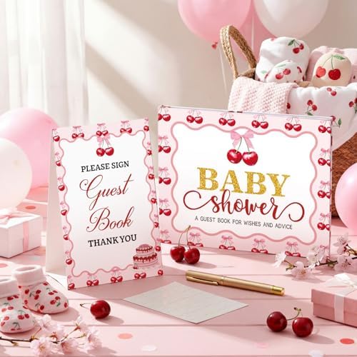 Fuyoooo 27 Pcs Cherry Sign in Guest Book Set with Gold Pen Table Cards - Image 2