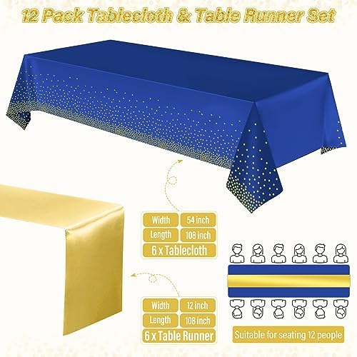 12 Pack Blue and Gold Tablecloth and Table Runner Party Decorations, Royal Blue and Gold Plastic Disposable Tablecloth and Satin Table Runner for Wedding Birthday Bridal Graduation Anniversary Party - Image 2