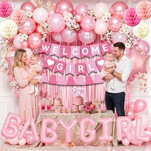 Pink Baby Shower Decorations- Girls Shower Decor Set with- Welcome Baby Banner, Clothes Banner, Fringe Curtains, Cake Topper, Honeycomb Ball, Dusty Pink Balloon and Aluminum foil Balloons (Girl) - Image 3