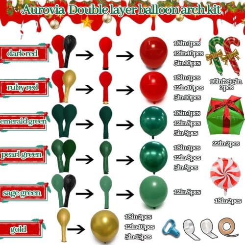 Green and Red Christmas Balloons Double Stuffed Pearl Dark Red Green Gold Balloon Garland Arch Kit Candy Cane Box Balloons for Happy Christmas Holiday New Year Birthday Party Decorations - Image 3