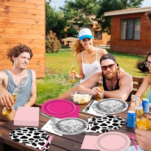 96PCS Western Cowgirl Party Plates and Napkins Cowgirl Disco Party Supplies Cow Print Themed Dessert Paper Cake Plates Hot Pink Ball Tableware for 24 Guests Girls Birthday 80s 90s Disco Decorations - Image 5