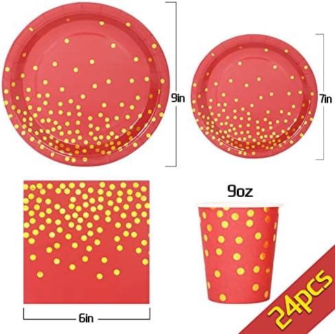 168Pcs Red and Gold Party Decorations, Red Plates and Napkins Party Supplies Serve 24, for Birthday Chinese New Year, Valentines, Mardi Gras - Image 2
