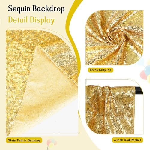 SquarePie 4x8ft Gold Sequin Backdrop, High Density Non-Transparent Glitter Curtain for Photography, Birthday, Wedding Party Decorations, Thick Solid Background with 4" Rod Pocket, 1 Panel - Image 4