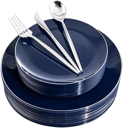 I00000 150Pcs Blue Plastic Plates, Disposable Plates with Silverware Set by I00000