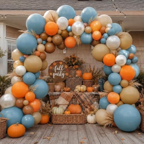 Blue Orange Balloon Garland Double Stuffed Fall Thanksgiving Balloon Arch Dusty Blue Brown Pearl White Sand Balloons for Birthday Baby Shower Bridal Wedding Gender Reveal Autumn Party Decorations by Aurovia