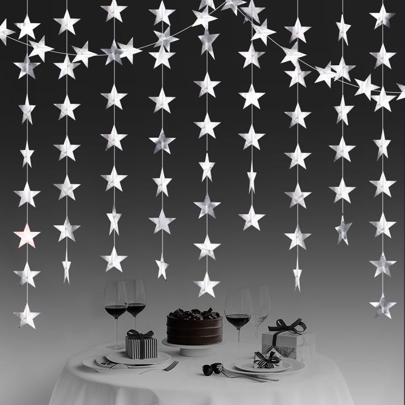 Silver Shining Star Hanging Garland Silver Hanging Sparkling Star Streamer Glitter Bunting Banner Twinkle Backdrop for Wedding Baby Shower Birthday Christmas Decorations 40 Feet by Eeatour