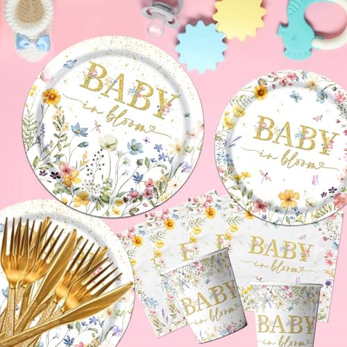 178Pcs Baby in Bloom Baby Shower Decorations-Wildflower Paper Plates and Napkins Kit Girls Floral Baby Shower Dinnerware Serves 24 - Image 3