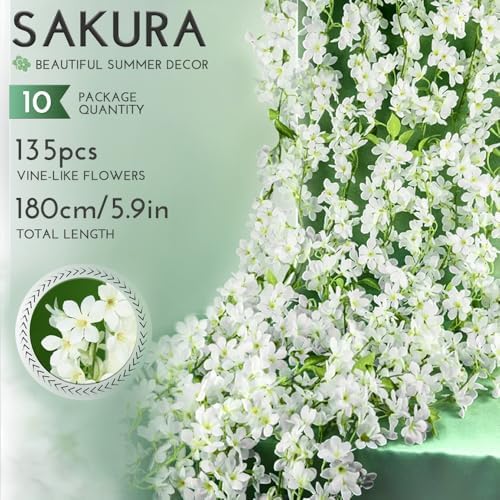 YRIOWMI 10PCS 59FT Artificial Silk Cherry Blossom Garland, Hanging Sakura Flower Vines for Wedding Party Home Arch Office Sakura Decor (White) - Image 2
