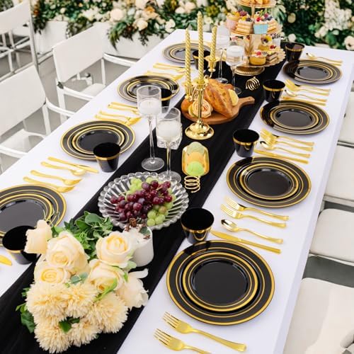 WELLIFE Black and Gold Plates, Plastic Dinnerware Set for 50 Guests - Image 3