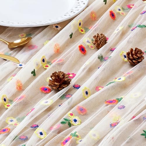 JIALE Champagne Floral Table Runner, Embroidery Daisy Seasonal Table Decorations, 120Inch 10FT 1PC Gold Tulle Fabric for Home Decor, Bridal Shower Wedding, Baby Shower Parties, DIY Craft - Image 6