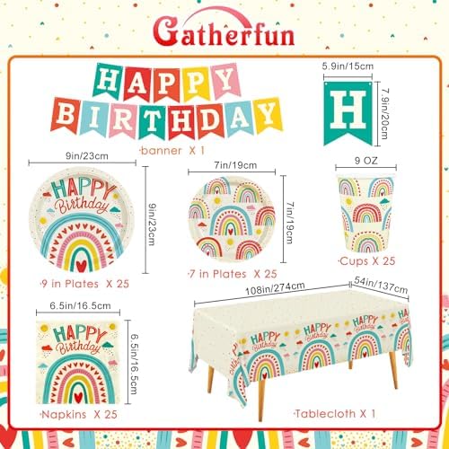 Retro Rainbow Themed Happy Birthday Party Supplies Set - Vibrant Disposable Paper Plates, Cups, Napkins, Tablecloth & Birthday Banner - Fun & Colorful Design for Boys/Girls - For 25 Guests - Image 2