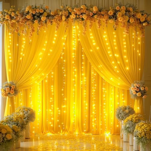 Yellow Backdrop Curtains with Lights for Parties,10x10FT Wrinkle Free Wedding Photo Backdrop Light Tulle Curtains for Baby Shower Birthday Ceremony Reception Home Party Decorations-5ft x 10ft - Image 7
