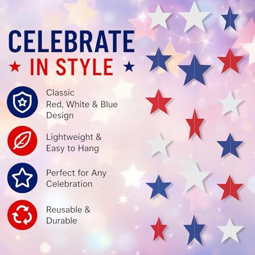 Patelai Glitter Star Garland Banner 2026 Graduation Decor 130 Feet Star Hanging Banner Twinkle Backdrop for Party Birthday Classroom Wedding Supplies(White, Red, Royal Blue) - Image 3