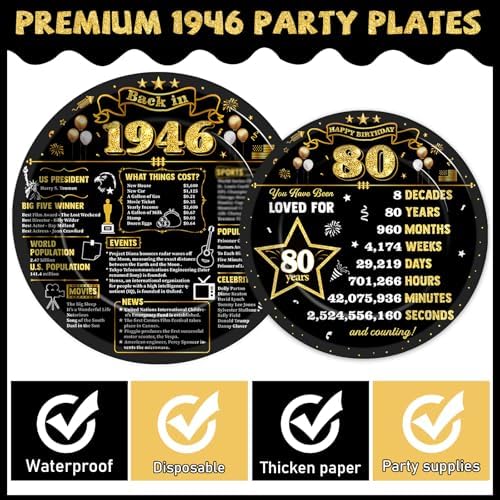 96Pcs 80th Birthday Plates and Napkins Back in 1946 Party Decorations Black Gold 80 Year Old Party Dessert Plates 1946 Birthday Tableware for 24 Guests 80th Theme Men Woman Bday Parties Supplies - Image 3