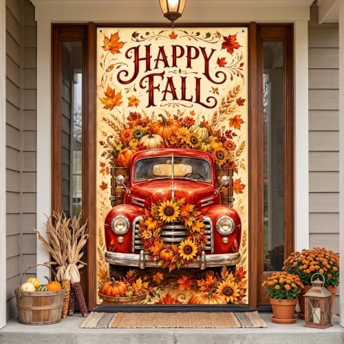 Happy Fall Vertical Door Banner, 35×71 Inch Autumn Front Door Hanging Flag Decor with Vintage Red Truck Pumpkins Sunflower Maple Leaves Backdrop Design for Farmhouse Porch Yard Thanksgiving Harvest by Unknown