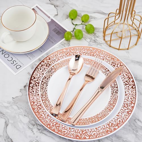 210 PCS Plastic Plates Set With Rose Gold Rim Dinnerware Set for 30 Guests - Image 3