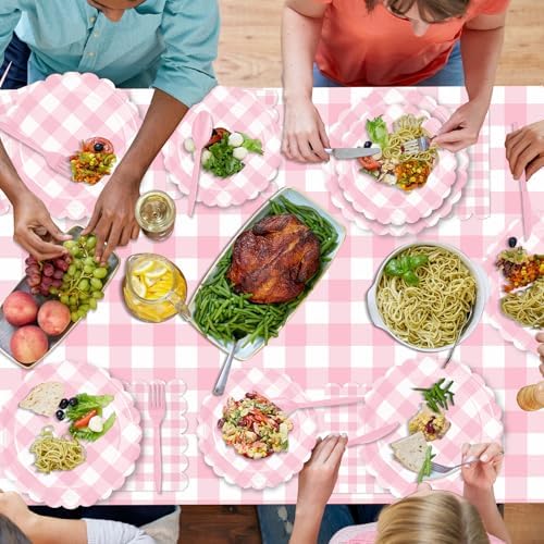 WNINK 176 PCS Light Pink Gingham Plates and Napkins, Pink Checkered Disposable Plates Set with Napkins Cups Plastic Spoons Forks Knives for Dinner Birthday Baby Shower Wedding Supplies Serve 25 Guests - Image 6