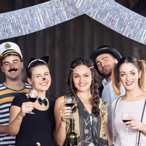 Laser Silver Streamers Party Decorations 4Pack 48FT Table Skirt Tinsel Garland Metallic Parade Float Decorations Ceiling Backdrop Curtain for Wedding Birthday Party Decoration Halloween Christmas - Image 5
