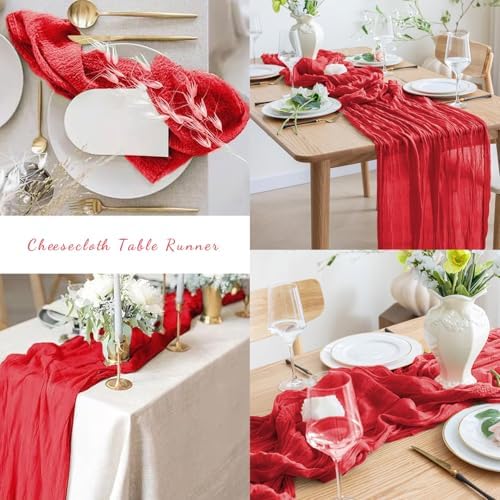 6 Pack Red 10FT Cheesecloth Table Runner Rustic Gauze Fabric Cheese Cloth Table Runner for Wedding Bridal Baby Shower Table Decor Boho Sheer Birthday Party Table Decorations 20 x 120 Inch Long - Image 6