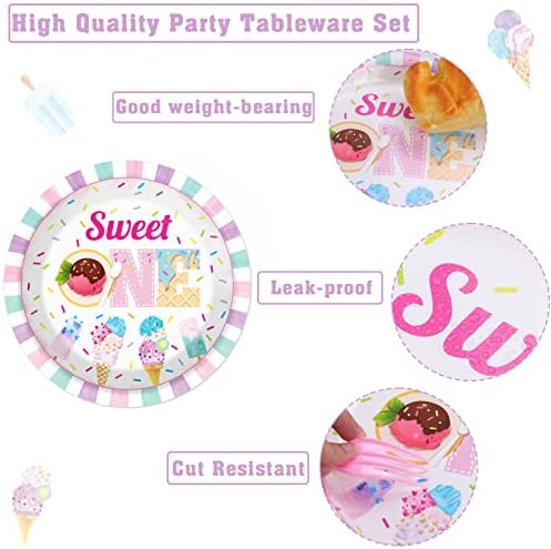 chiazllta 96Pcs Sweet One Ice Cream 1st Birthday Party Paper Plates and Napkins Supplies, Ice Cream First Birthday Tableware Decorations for Party Favors 24 Guests - Image 4