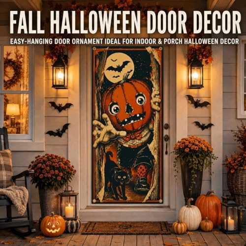 Halloween Pumpkin Character Door Banner 35.4 x 78.7 Inch Polyester Door Cover, Vintage Pumpkin Entrance Decoration with Black Cat for Front Door Porch Entryway Seasonal Home Decor - Image 4