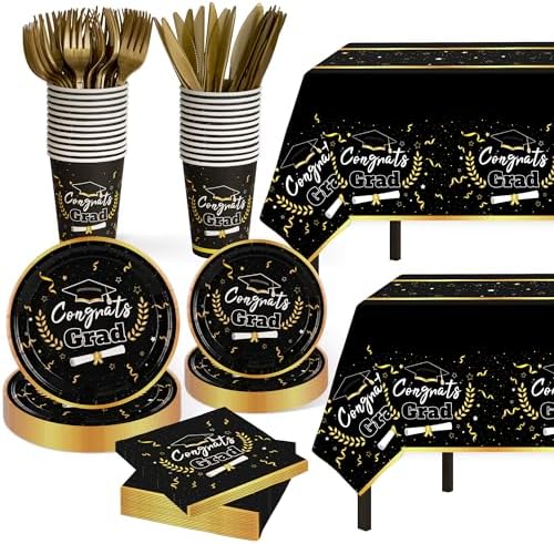 Graduation Party Decor - 147 PCS Disposable Tableware, Black & Gold Congrats Grad Decor, Tablecloth, Knives, Forks, Plates, Napkins, Cups - Serves 24 by Childom