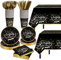 Graduation Party Decor - 147 PCS Disposable Tableware, Black & Gold Congrats Grad Decor, Tablecloth, Knives, Forks, Plates, Napkins, Cups - Serves 24 by Childom
