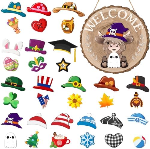 Vicenpal 35 Pcs Fall Interchangeable Highland Cow Welcome Sign, Raw Wood by Vicenpal