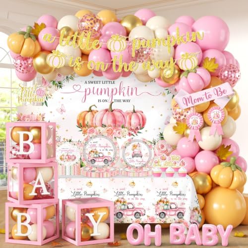 249pcs Little Pumpkin Baby Shower Decorations for Girl,A Sweet Little Pumpkin is On the Way Baby Shower,Pink Pumpkin Floral Balloons Plates Boxes Tablecloth for Fall Thanksgiving Autumn Party Decor by GREHUMOR
