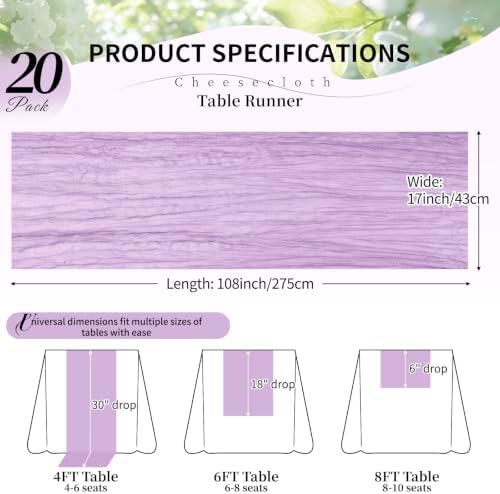 20 Pack Lilac Purple Lavender Cheesecloth Table Runner, 17x108 Inch Semi Sheer Boho Gauze Cheese Cloth Fabric Table Runners for Wedding Party Baby Shower Birthday Garden Farmhouse Table Decor - Image 2