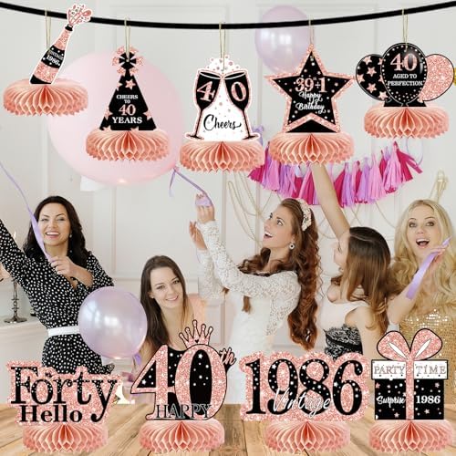 9Pcs 40th Birthday Decorations Honeycomb Centerpieces for Women, Rose Gold Pink Happy 40th Birthday Centerpieces Tables Toppers Party Decorations Supplies, Vintage 1986 Aged Table Sign Decor - Image 6
