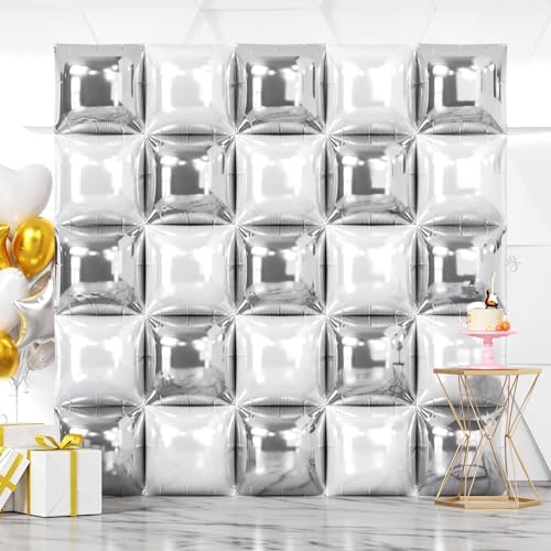 NISOCY 25PCS Metallic Silver Pearl White Square Foil Balloons Wall Backdrop by NISOCY