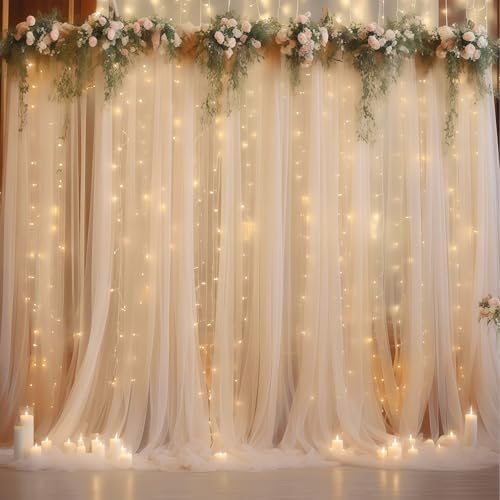 10×10ft Champagne Tulle Backdrop Curtain with Lights String for Parites, Sheer Photo Curtain Backdrop Drapes for Wedding Party Photography Backgrounds by WishCare