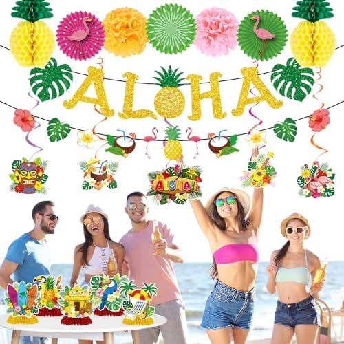 Hawaiian Aloha Party Decorations, 20PCS Hawaiian Tropical Luau Banners with Hanging Swirls Decoration, Flamingo Pineapple Paper Fans Pom Poms and Honeycomb Centerpieces Decor for Summer - Image 4