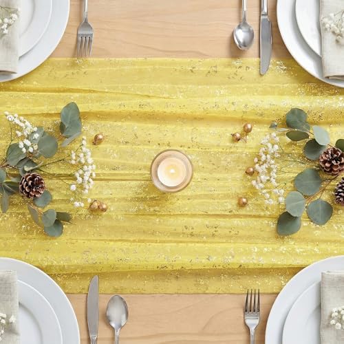 Artoid Mode Light Yellow Gold Gauze Table Runner 59x120 Inch 10FT, Glitter Metallic Foil Sheer Dining Wedding Anniversary Holiday Birthday Table Decor for Home Party - Image 4