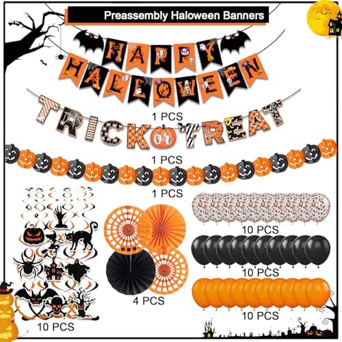 Fecedy Black Orange Happy Halloween Trick or Treat Banner Paper Fan Balloons & Swirl Streamers Goul Bat Cat Bird Ghost Pumpkin Lantern for Halloween Decorations - Image 3