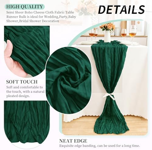 20 Pack Dark Green Cheesecloth Table Runner, 17x108 Inch Semi Sheer Boho Gauze Cheese Cloth Fabric Table Runners for Wedding Party Baby Shower Birthday Garden Farmhouse Table Decor - Image 3